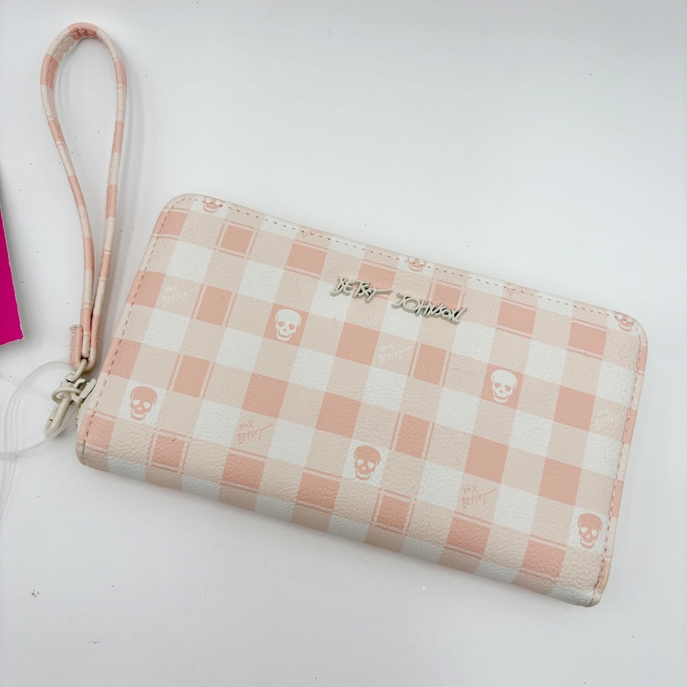 Betsey Johnson Peach Pink and White Checkered Wristlet Wallet